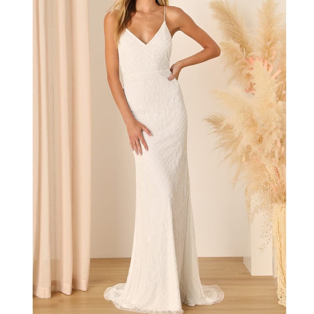 NEW Lulus Luxe Bridal Cherished Vow White Beaded Backless Mermaid Wedding Dress